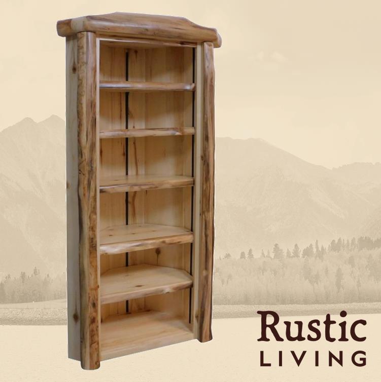 A rustic wooden corner cabinet with multiple shelves, the cabinet has a natural wood finish. Aspen Rustic Log Furniture log corner cabinet using solid wood, undermount drawer glides, and soft close drawers and doors custom made for your mountain cabin, lodge, farmhouse, ranch and western lifestyle.