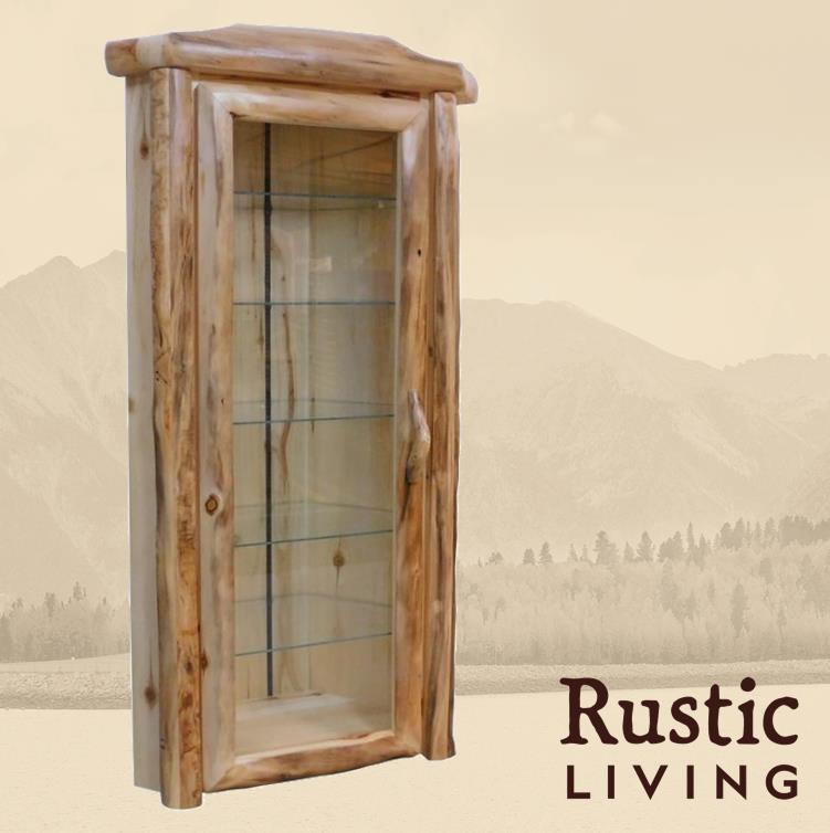 A rustic log corner display cabinet with glass doors and multiple shelves. Aspen Rustic Log Furniture log corner display cabinet in log front using solid wood, undermount drawer glides, and soft close drawers and doors custom made for your mountain cabin, lodge, farmhouse, ranch and western lifestyle.