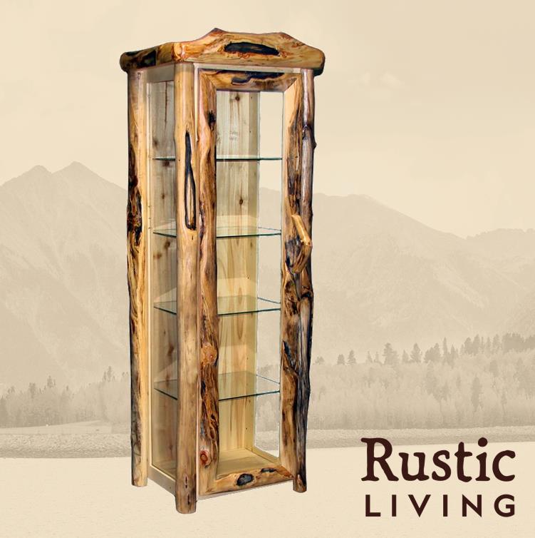 Aspen Rustic Log Furniture log display cabinet in log front handmade in America using solid wood custom made for your mountain cabin, lodge, farmhouse, ranch and western lifestyle.