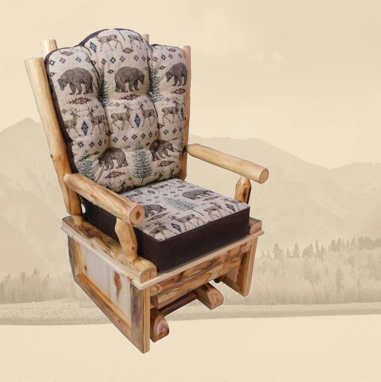 Aspen Rustic Log Furniture log glider chair handmade in America using solid wood custom made for your mountain cabin, lodge, farmhouse, ranch and western lifestyle.