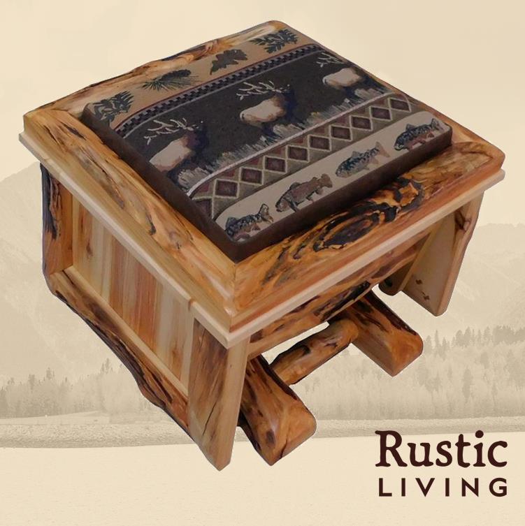 Aspen Rustic Log Furniture log glider ottoman chair handmade in America using solid wood custom made for your mountain cabin, lodge, farmhouse, ranch and western lifestyle. A rustic style ottoman chair with a wooden frame and a fabric top.
