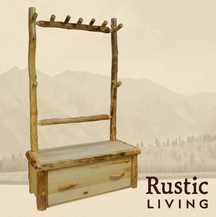 Aspen Rustic Log Furniture log hall tree in flat front handmade in America using solid wood custom made for your mountain cabin, lodge, farmhouse, ranch and western lifestyle. A rustic wooden hall tree with a flat top featuring a storage compartment, hooks for hanging, and a natural wood finish.