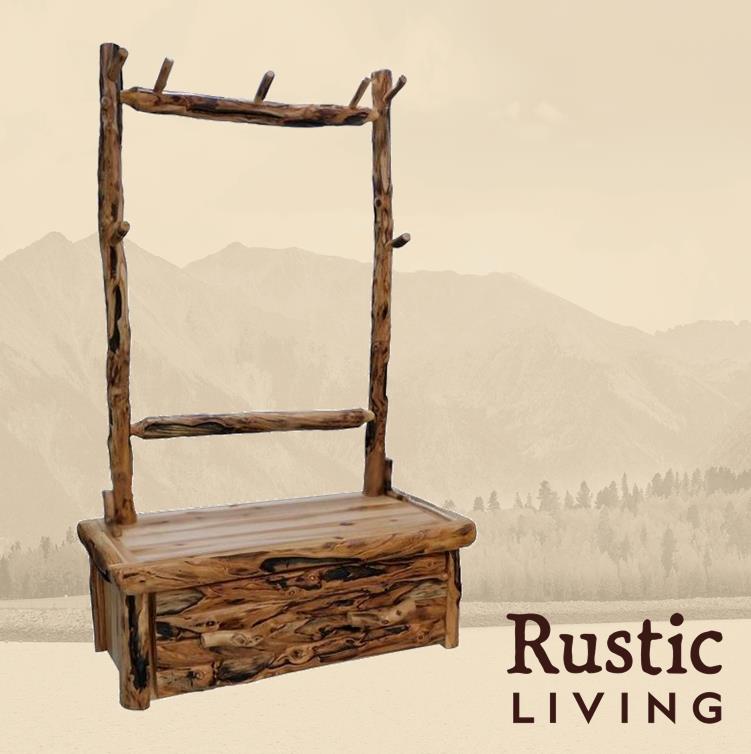 Aspen Rustic Log Furniture log hall tree in log front handmade in America using solid wood custom made for your mountain cabin, lodge, farmhouse, ranch and western lifestyle. A rustic log hall tree with a bench seat and multiple hanging hooks.