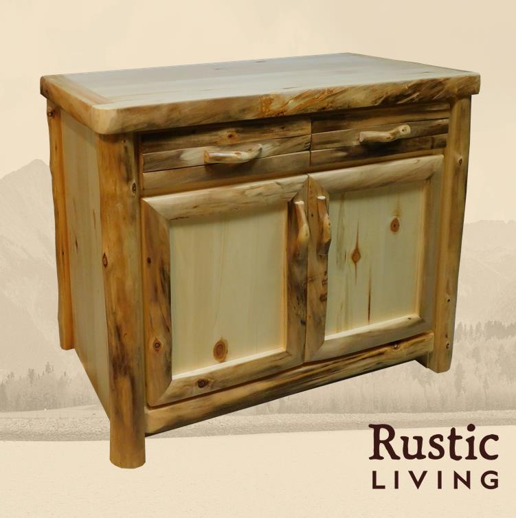 Aspen Rustic Log Furniture log island for studio in log front handmade in America using solid wood custom made for your mountain cabin, lodge, farmhouse, ranch and western lifestyle. A rustic wooden storage cabinet with a log front design, featuring a drawer and two doors.