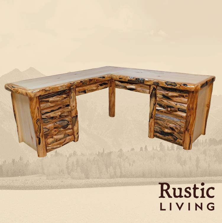 Aspen Rustic Log Furniture log l-desk in log front handmade in America using solid wood custom made for your mountain cabin, lodge, farmhouse, ranch and western lifestyle. Multiple drawers and file drawers.