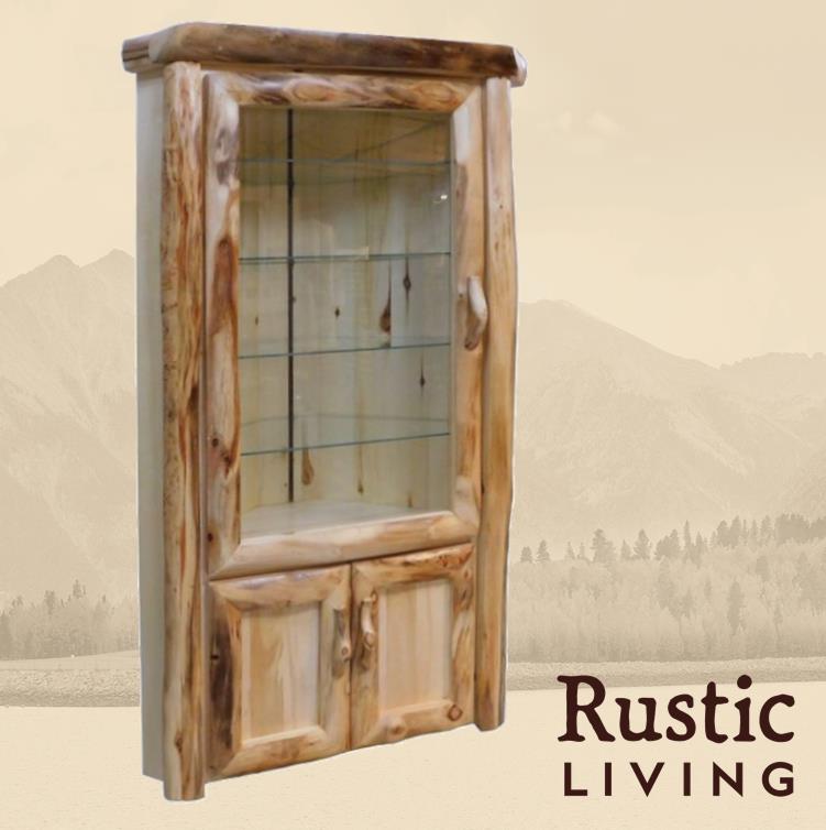A rustic corner display cabinet with glass shelves and a wooden log front design. Aspen Rustic Log Furniture log legacy corner display cabinet in log front handmade in America using solid wood custom made for your mountain cabin, lodge, farmhouse, ranch and western lifestyle.