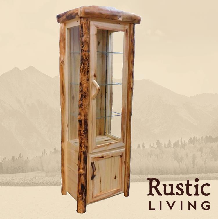 A rustic log legacy display cabinet with glass doors and multiple shelves.