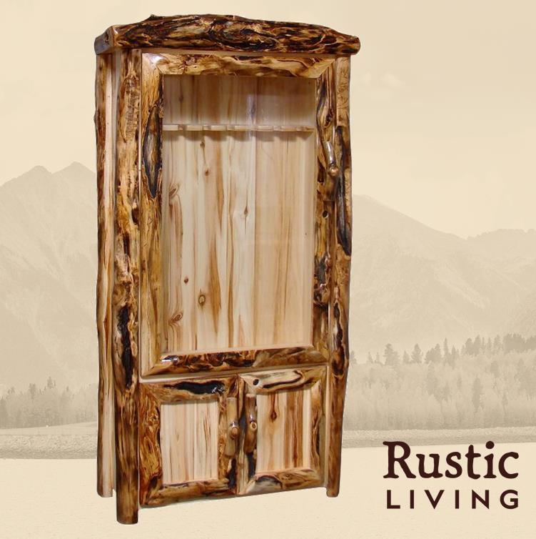 A rustic wooden gun cabinet with a prominent log front design, featuring a open compartment and a closed compartment with a gun rack inside the open compartment.