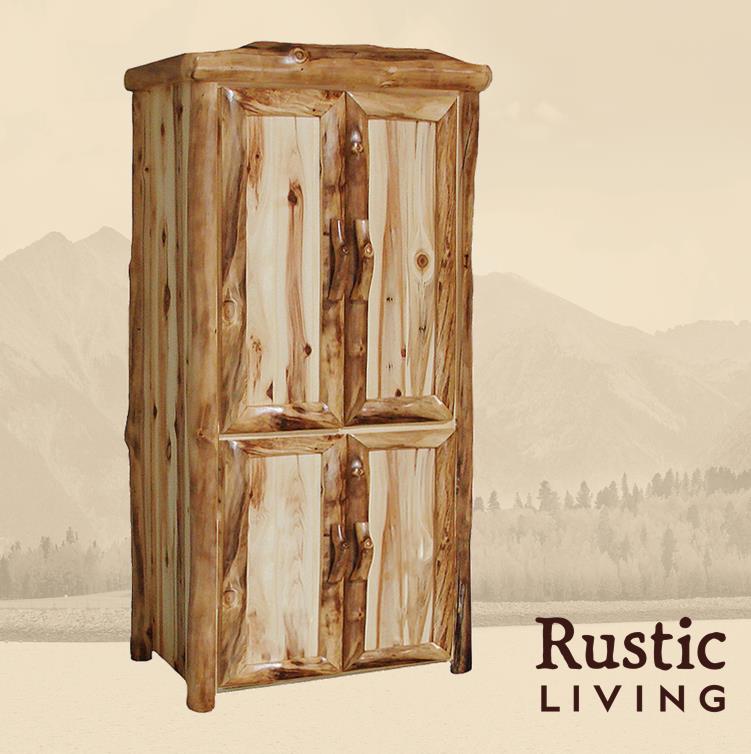 Aspen Rustic Log Furniture log storage cabinet in log front handmade in America using solid wood custom made for your mountain cabin, lodge, farmhouse, ranch and western lifestyle.