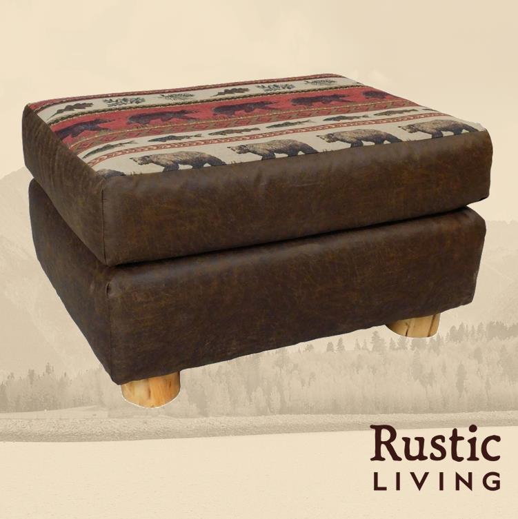 Aspen Rustic Log Furniture log mountain comfort ottoman handmade in America using solid wood, laser cut premium fabric, custom made for your mountain cabin, lodge, farmhouse, ranch and western lifestyle.