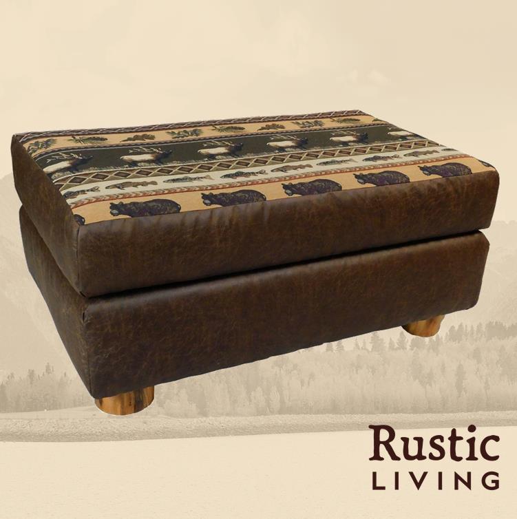 Aspen Rustic Log Furniture log mountain comfort ottoman in loveseat handmade in America using solid wood, laser cut premium fabric, custom made for your mountain cabin, lodge, farmhouse, ranch and western lifestyle.