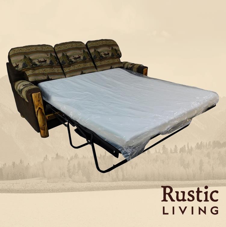 Aspen Rustic Log Furniture log mountain comfort sofa sleeper handmade in America using solid wood, laser cut premium fabric, custom made for your mountain cabin, lodge, farmhouse, ranch and western lifestyle. A rustic style sofa sleeper with a queen-sized mattress extended.