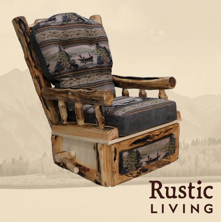 Aspen Rustic Log Furniture log rocking recliner handmade in America using solid wood, laser cut premium fabric, custom made for your mountain cabin, lodge, farmhouse, ranch and western lifestyle.