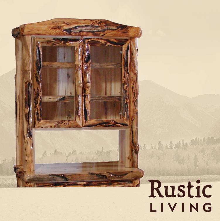 Aspen Rustic Log Furniture log server hutch in log front handmade in America using solid wood custom made for your mountain cabin, lodge, farmhouse, ranch and western lifestyle. A rustic wooden hutch with glass doors and adjustable shelves.