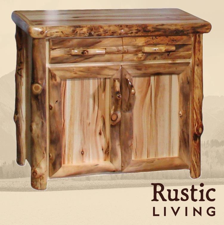 Aspen Rustic Log Furniture log server in log front  handmade in America using solid wood custom made for your mountain cabin, lodge, farmhouse, ranch and western lifestyle. A rustic wooden log server with a drawer and two doors, featuring a natural wood finish.