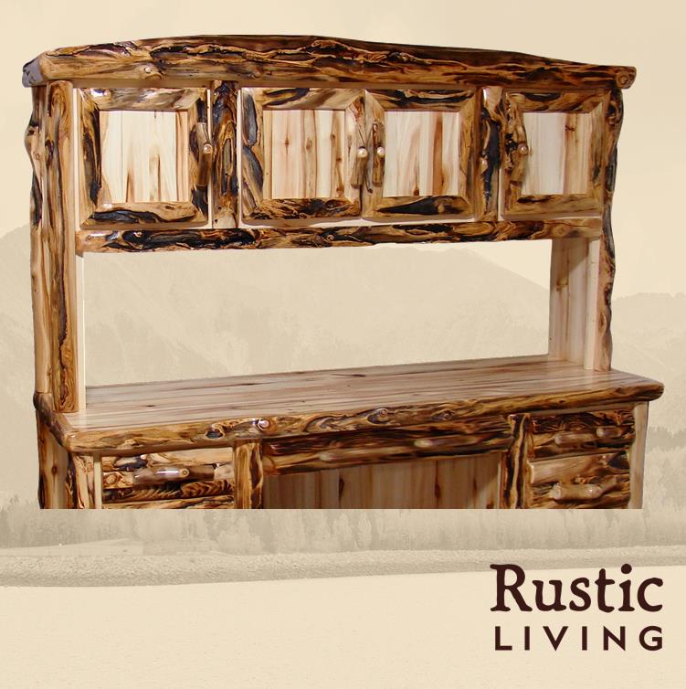 Aspen Rustic Log Furniture log sierra desk hutch in log front handmade in America using solid wood custom made for your mountain cabin, lodge, farmhouse, ranch and western lifestyle. A rustic wooden desk hutch with a log front design, featuring multiple storage compartments.
