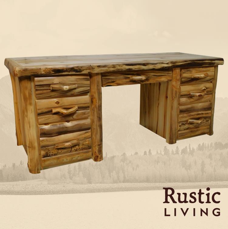 Aspen Rustic Log Furniture log sierra desk in log front handmade in America using solid wood custom made for your mountain cabin, lodge, farmhouse, ranch and western lifestyle.