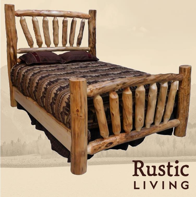 Aspen Rustic Log Furniture log sunrise bed handmade in America using solid wood custom made for your mountain cabin, lodge, farmhouse, ranch and western lifestyle. A rustic-style bed frame made from logs, with a complete bed setup including a mattress and pillows.