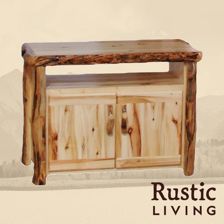 Aspen Rustic Log Furniture log television cabinet in flat front handmade in America using solid wood custom made for your mountain cabin, lodge, farmhouse, ranch and western lifestyle. Open space to put accessories and doors to hide accessories. Doors include soft close hinges