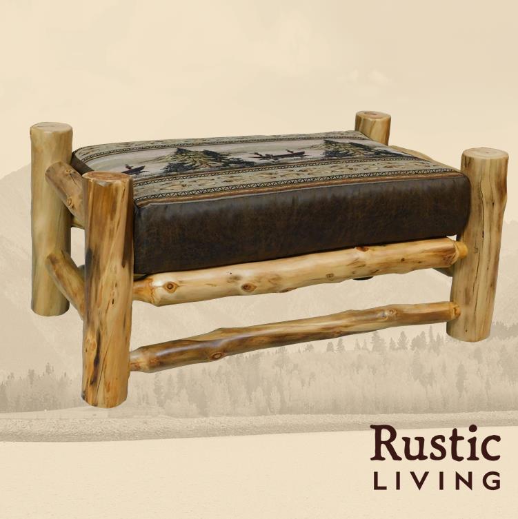 Aspen Rustic Log Furniture log timber comfort ottoman cocktail handmade in America using solid wood, laser cut premium fabric, custom made for your mountain cabin, lodge, farmhouse, ranch and western lifestyle.