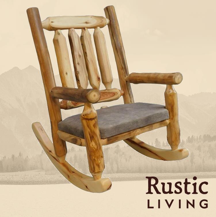 Aspen Rustic Log Furniture log timberland rocker chair handmade in America using solid wood, laser cut premium fabric, custom made for your mountain cabin, lodge, farmhouse, ranch and western lifestyle.