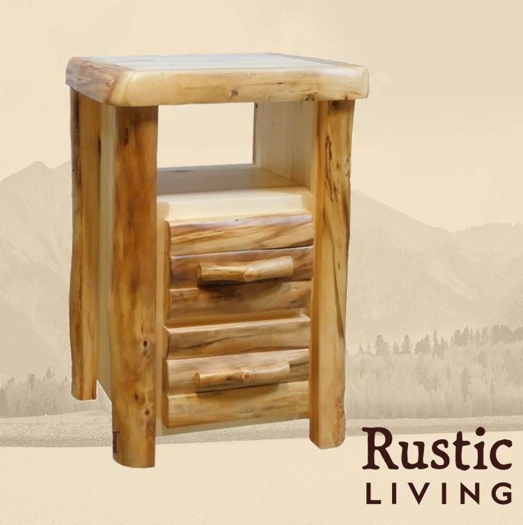 Aspen Rustic Log Furniture log timberline 2 drawer night stand in log front handmade in America using solid wood custom made for your mountain cabin, lodge, farmhouse, ranch and western lifestyle.