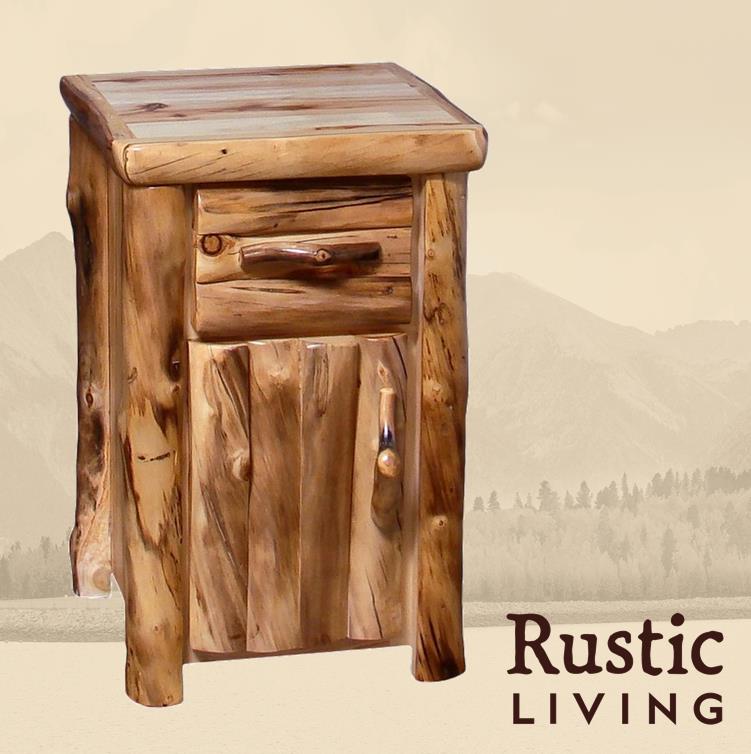 Aspen Rustic Log Furniture log timberline night stand in log front handmade in America using solid wood custom made for your mountain cabin, lodge, farmhouse, ranch and western lifestyle.