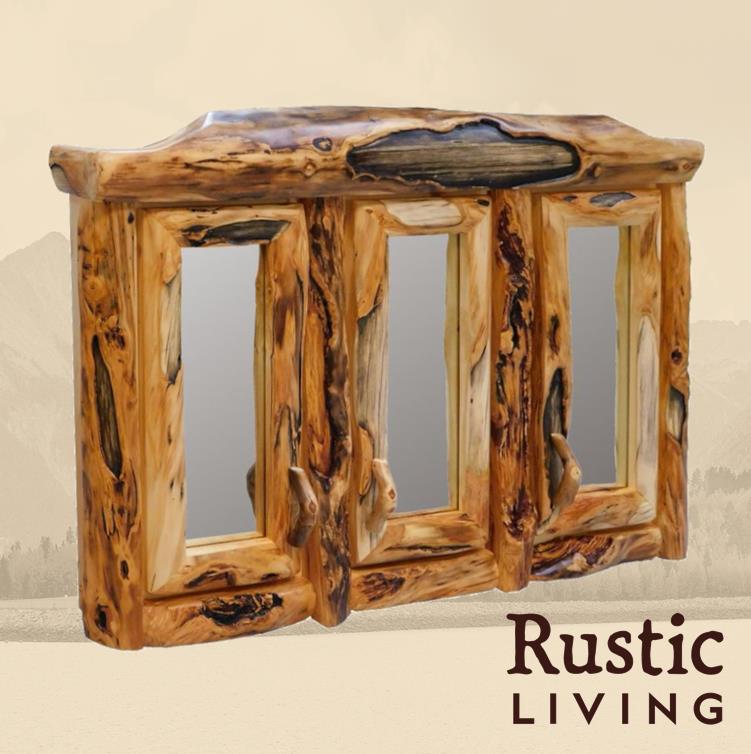 Aspen Rustic Log Furniture log triple door medicine cabinet in log front handmade in America using solid wood custom made for your mountain cabin, lodge, farmhouse, ranch and western lifestyle. A rustic wooden triple door medicine cabinet with mirrored doors and adjustable shelves.