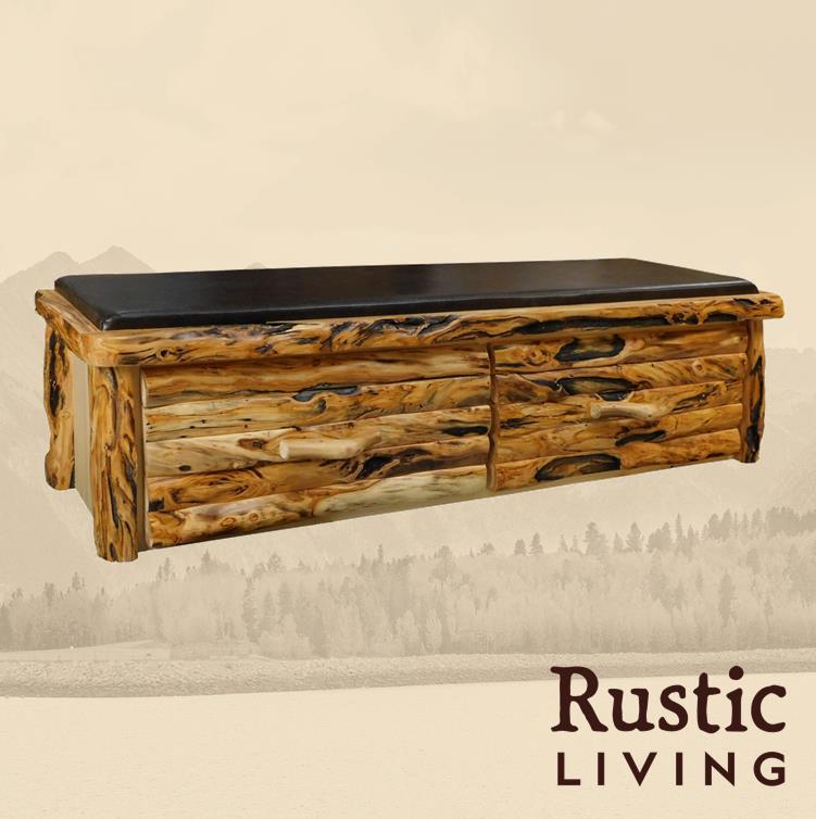 Aspen Rustic Log Furniture log upholstered bench chest in log front handmade in America using solid wood custom made for your mountain cabin, lodge, farmhouse, ranch and western lifestyle. A rustic upholstered bench chest with a log front design.