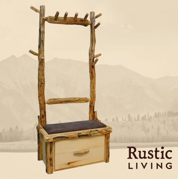 Aspen Rustic Log Furniture log upholstered hall tree in flat front handmade in America using solid wood custom made for your mountain cabin, lodge, farmhouse, ranch and western lifestyle. A rustic log upholstered hall tree with a flat front design, featuring a seat and storage compartment.