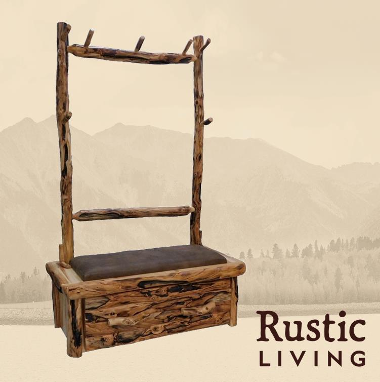 Aspen Rustic Log Furniture log upholstered hall tree handmade in America using solid wood custom made for your mountain cabin, lodge, farmhouse, ranch and western lifestyle. A rustic log upholstered hall tree with a bench seat and storage compartment, featuring a log front design.