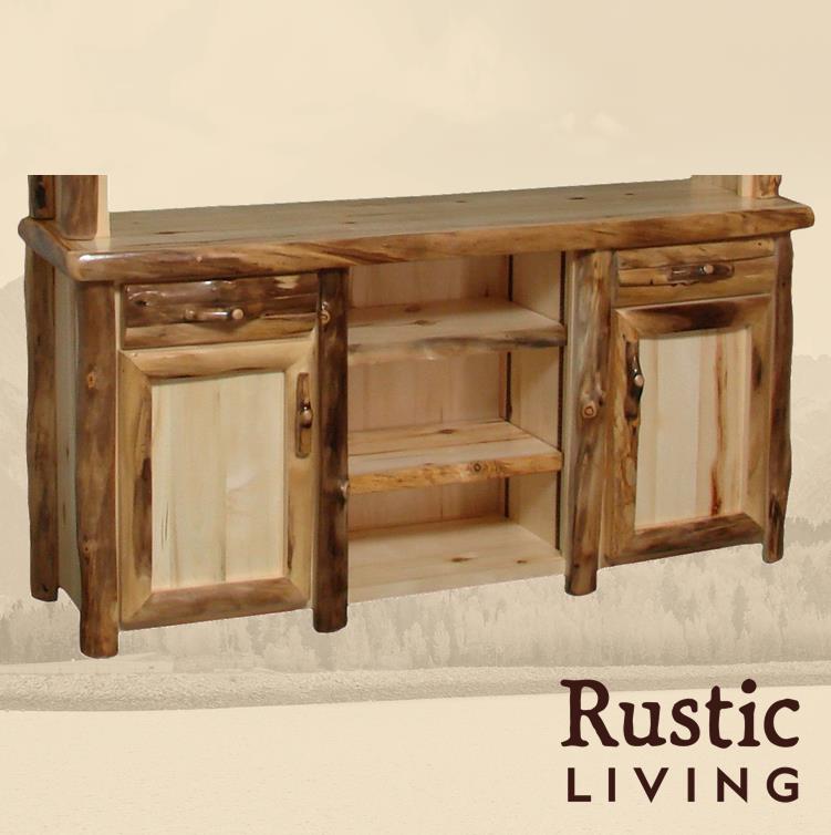 Aspen Rustic Log Furniture log vintage buffet/sideboard in log front handmade in America using solid wood custom made for your mountain cabin, lodge, farmhouse, ranch and western lifestyle. Adjustable shelves included.