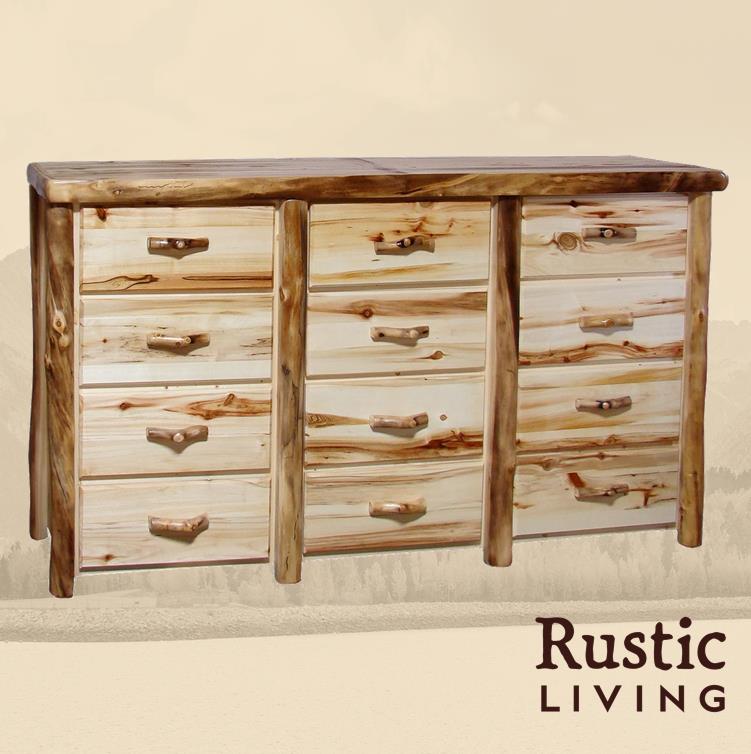Aspen Rustic Log Furniture log 12 drawer dresser in flat front handmade in America using solid wood custom made for your mountain cabin, lodge, farmhouse, ranch and western lifestyle.