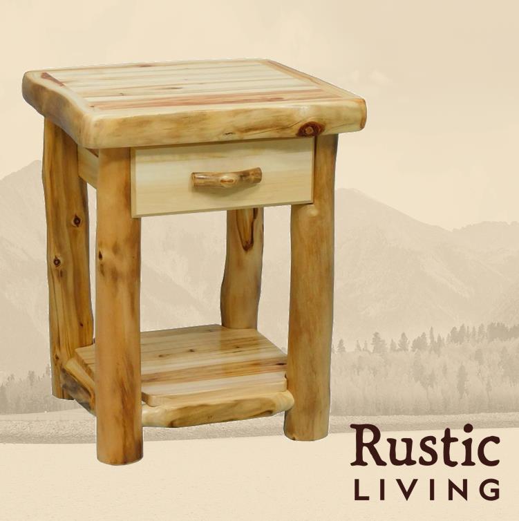 Aspen Rustic Log Furniture log 1 drawer night stand in flat front handmade in America using solid wood custom made for your mountain cabin, lodge, farmhouse, ranch and western lifestyle. A rustic wooden nightstand with a drawer and a lower shelf.