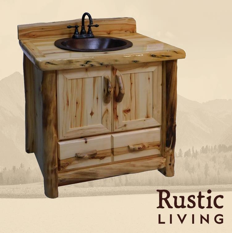 Aspen Rustic Log Furniture log 1 drawer vanity in flat front handmade in America using solid wood custom made for your mountain cabin, lodge, farmhouse, ranch and western lifestyle. A rustic style bathroom vanity with a wooden finish, featuring a sink and faucet, and labeled with 'Rustic Living'.