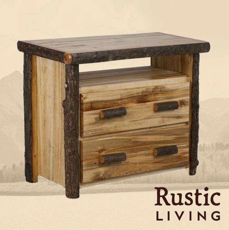 Aspen Rustic Log Furniture log 2 drawer media chest in flat front handmade in America using solid wood custom made for your mountain cabin, lodge, farmhouse, ranch and western lifestyle.