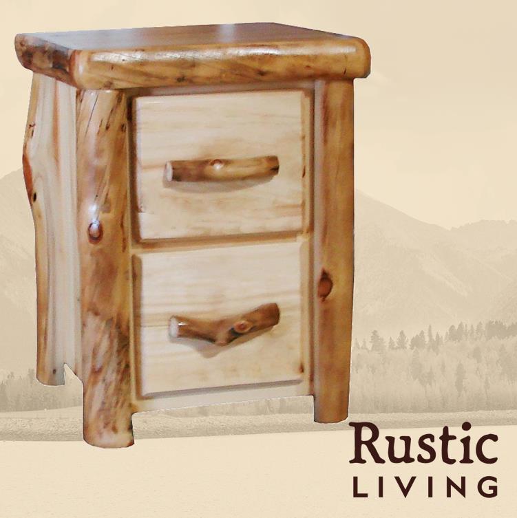 Aspen Rustic Log Furniture log 2 drawer night stand in flat front handmade in America using solid wood custom made for your mountain cabin, lodge, farmhouse, ranch and western lifestyle.