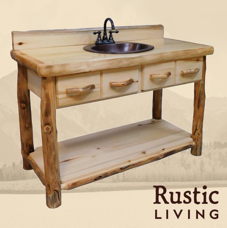 Aspen Rustic Log Furniture log 2 drawer vanity in flat front handmade in America using solid wood custom made for your mountain cabin, lodge, farmhouse, ranch and western lifestyle. A rustic wooden vanity with two drawers and a lower shelf, featuring a copper sink and faucet.