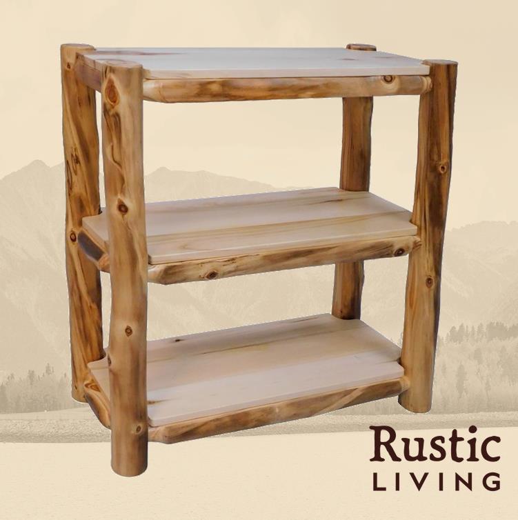Aspen Rustic Log Furniture log 35" H open bookcase handmade in America using solid wood custom made for your mountain cabin, lodge, farmhouse, ranch and western lifestyle. A rustic wooden open bookcase with three shelves, featuring a natural wood finish.