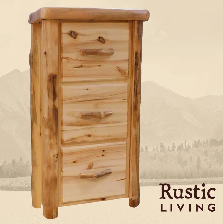 Aspen Rustic Log Furniture log 3 drawer file cabinet in flat front handmade in America using solid wood custom made for your mountain cabin, lodge, farmhouse, ranch and western lifestyle.