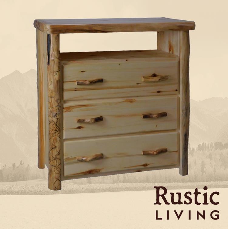 Aspen Rustic Log Furniture log 3 drawer media chest in flat front handmade in America using solid wood custom made for your mountain cabin, lodge, farmhouse, ranch and western lifestyle. A rustic style media chest with three drawers, featuring a flat top and wooden handles.
