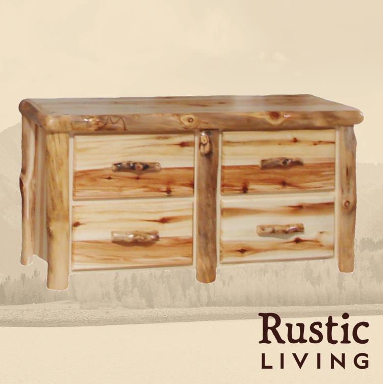 Aspen Rustic Log Furniture log 4 drawer dresser in flat front handmade in America using solid wood custom made for your mountain cabin, lodge, farmhouse, ranch and western lifestyle.