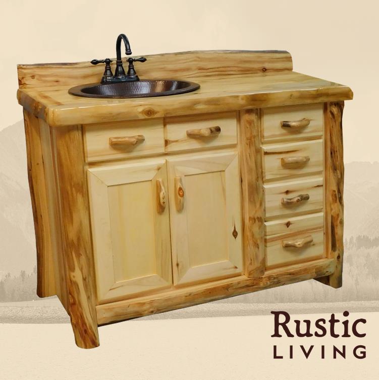 Aspen Rustic Log Furniture log 4 drawer vanity in flat front handmade in America using solid wood custom made for your mountain cabin, lodge, farmhouse, ranch and western lifestyle.