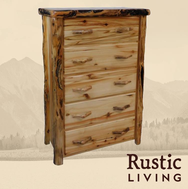Aspen Rustic Log Furniture log 5 drawer chest in flat front handmade in America using solid wood custom made for your mountain cabin, lodge, farmhouse, ranch and western lifestyle.