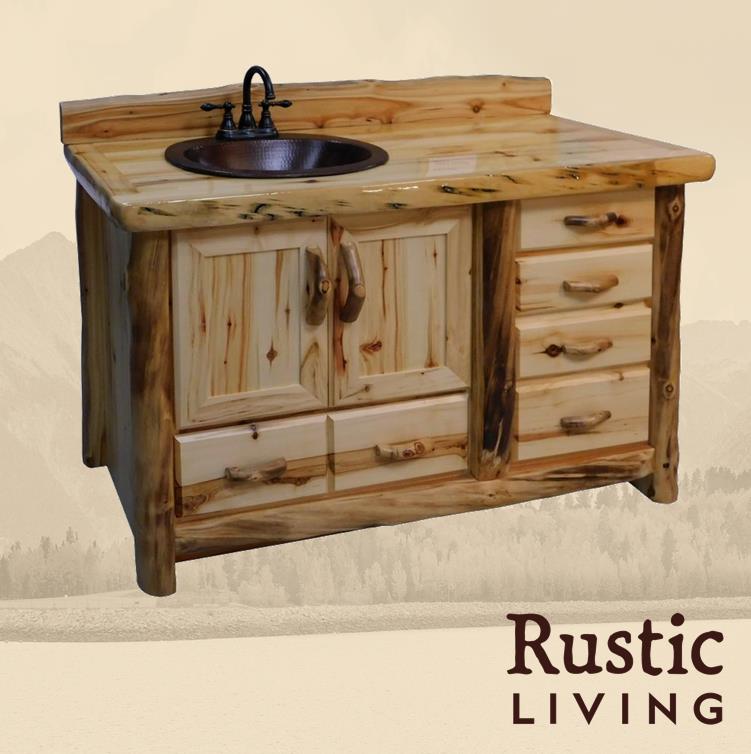Aspen Rustic Log Furniture log 5 drawer vanity in flat front handmade in America using solid wood custom made for your mountain cabin, lodge, farmhouse, ranch and western lifestyle. A rustic wooden vanity with a sink and faucet, featuring multiple drawers and a flat front design.