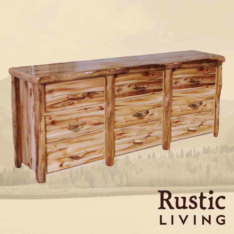 Aspen Rustic Log Furniture log 9 drawer dresser handmade in America using solid wood, undermount drawer glides, and soft close drawers custom made for your mountain cabin, lodge, farmhouse, ranch and western lifestyle.