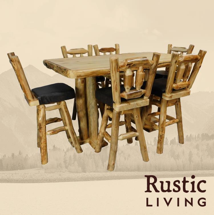 Aspen Rustic Log Furniture log bar height table handmade in America using solid wood custom made for your mountain cabin, lodge, farmhouse, ranch and western lifestyle.