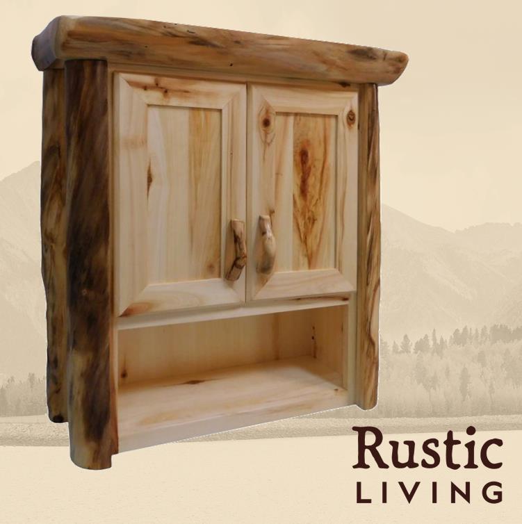 Aspen Rustic Log Furniture log bathroom wall cabinet in flat front handmade in America using solid wood custom made for your mountain cabin, lodge, farmhouse, ranch and western lifestyle. A wooden log bathroom wall cabinet with two doors and a lower shelf, branded by Rustic Living.