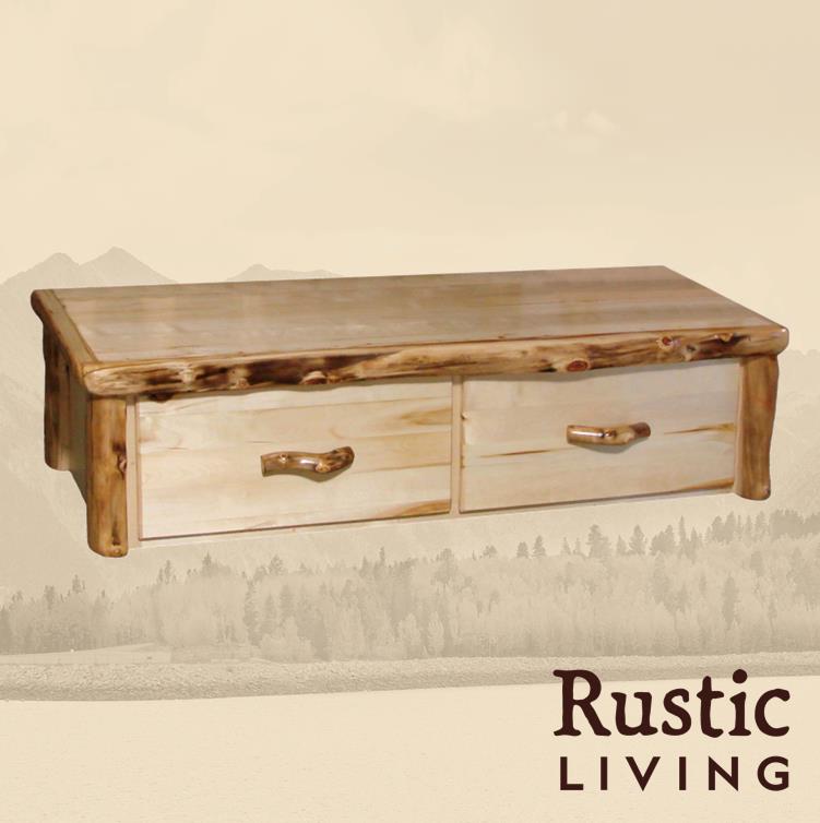 Aspen Rustic Log Furniture log bench chest in flat front handmade in America using solid wood custom made for your mountain cabin, lodge, farmhouse, ranch and western lifestyle. A rustic wooden bench with a flat front design, featuring a natural wood finish and two drawers.