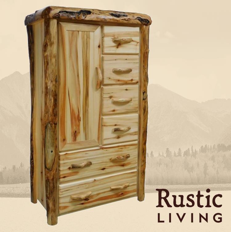 Aspen Rustic Log Furniture log chiffarobe in flat front using solid wood, undermount drawer glides, and soft close drawers and doors custom made for your mountain cabin, lodge, farmhouse, ranch and western lifestyle.